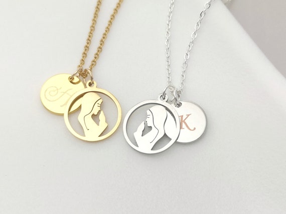 Virgin Mary Necklace Baptism Gift Personalized Initial Necklace Grandma Gift Mother's Day Gift Religious Jewels Protection Necklace Mom Gift