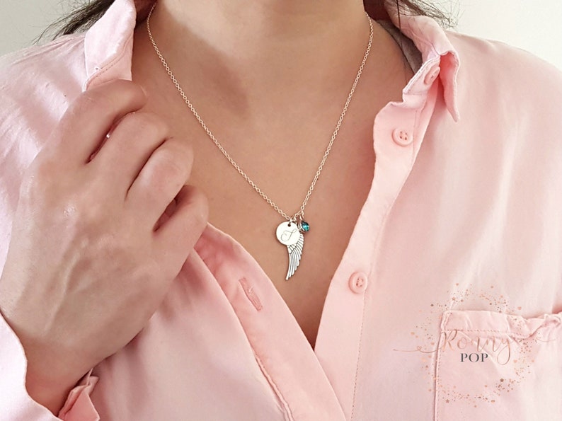 Initial Disc Necklace -Mother Gift Custom Jewelry Memory Necklace Angel Wing Memorial Personalized Necklace Birthstone Necklace