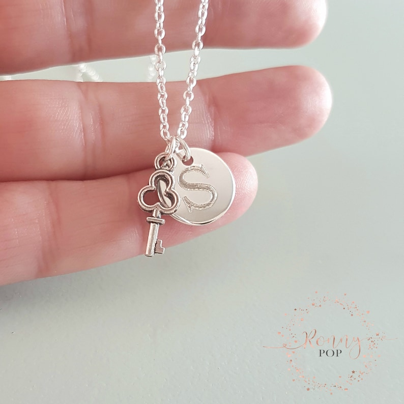 D12 Custom Necklace Initial Disc Engraved Key Charm Personalized Gift Disc Necklace Sister Gift Key Necklace Initial Jewelry