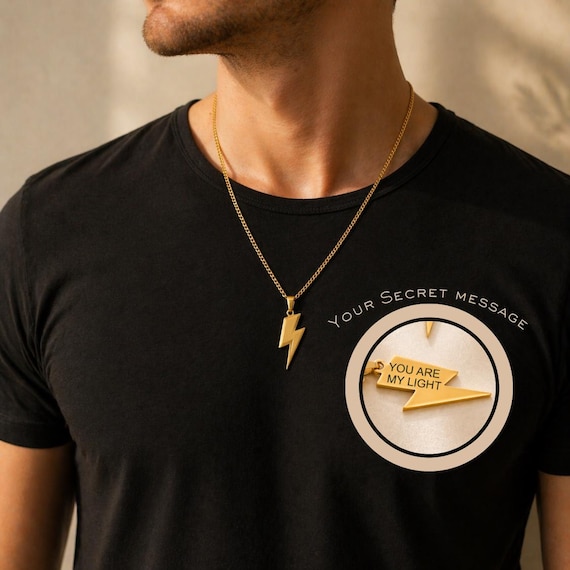Personalized Lightning Bolt Necklace for Men Secret Message Engraving Stainless Steel Gift for Dad Father Fathers Day Custom Jewelry