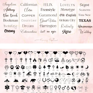 May include: A chart of 113 different font styles and 113 corresponding symbols. The font styles are listed in two columns, and the symbols are arranged in rows of 13. The symbols include hearts, crosses, stars, and other common symbols.