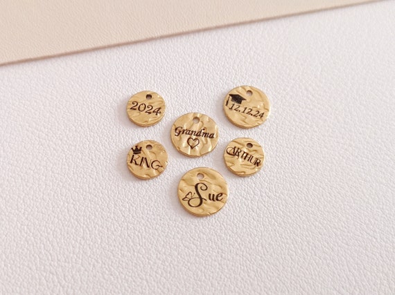 Hammered Personalized Disc GOLD Personalized Charms Logo Coin Custom Charm Personalised Tag Stainless Steel Charm