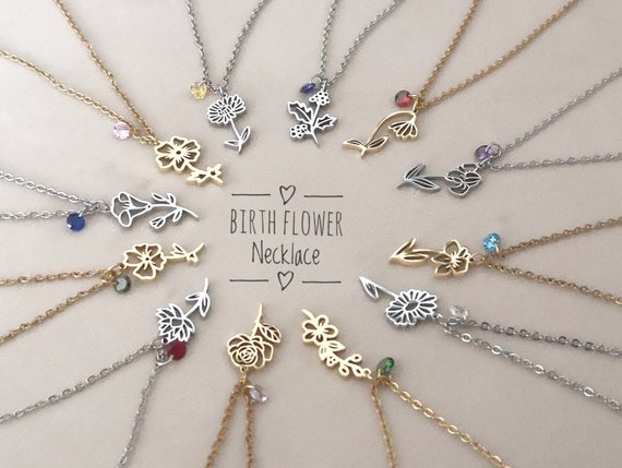 Flower Birth & Birthstone Necklace Personalized Birthday Gift Mother's Day Gift Grandma Gift Christmas Gift