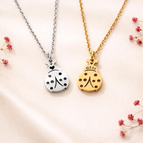 Personalized Ladybug Necklace Engraved Name Lucky Charm Jewelry Gift for Mom Child Meaningful Gift Birth Mother’s Day Gift Christmas Gift