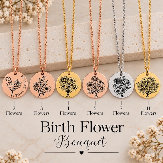 Personalized Birth Flower Bouquet Necklace Family Jewelry Mom Gift Mothers Day Gift Floral Necklace Birthday Gift Christmas Grandma Gift