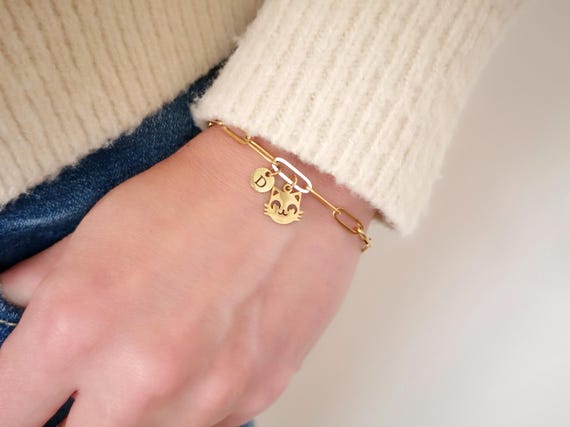 Personalized Cat Bracelet in Stainless Steel Charm Cat Bracelet Cat Mom Gift Initial Bracelet Mother's Day Gift Christmas Gift