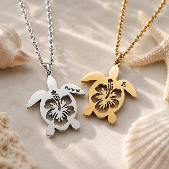 Personalized Turtle Necklace Personalized Gift For Women Turtle Pendant Mom Gift Christmas Gift Mother's Day Gift Hibiscus Flower Mom Gift