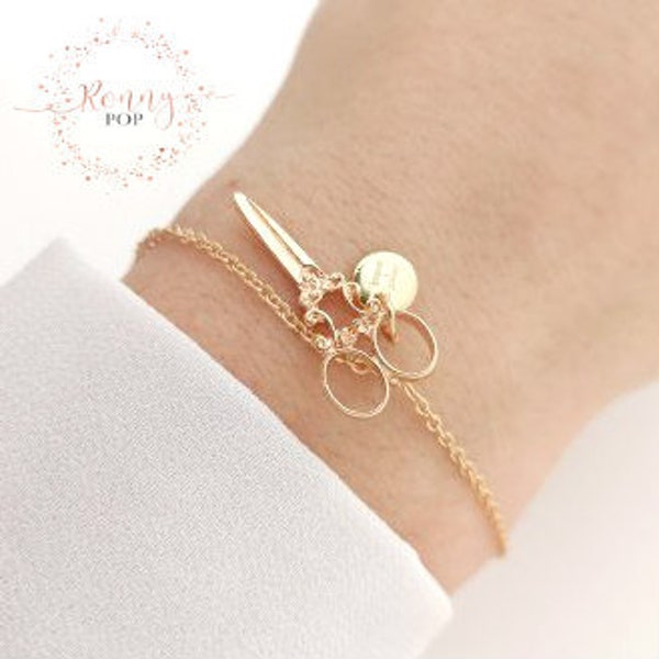 Bracelet Initiale Ciseau Collier Disque Gravé Initiale Monogramme Cadeau Meilleure Amie Cadeau Personnalisé Bijoux sur Mesure Collier Ciseau