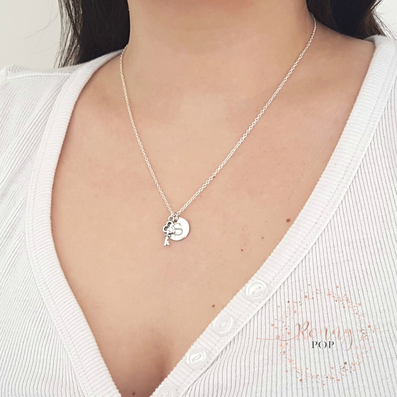 D12 Custom Necklace Initial Disc Engraved Key Charm Personalized Gift Disc Necklace Sister Gift Key Necklace Initial Jewelry
