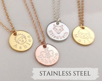 Animal & Name Necklace Dainty Disc Engraved Jewelry Personalized Gift Silver Gold Rose Gold Chain Animal Necklace Children Necklace Sister