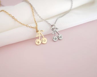 Tiny Personalized Cherry Necklace Initial Jewelry Delicate Summer Necklace Personalized Gifts Christmas Gift Mother's Day Gift