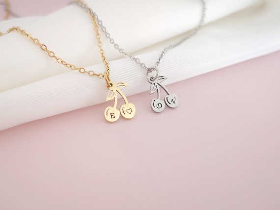 Tiny Personalized Cherry Necklace Initial Jewelry Delicate Summer Necklace Personalized Gifts Christmas Gift Mother's Day Gift