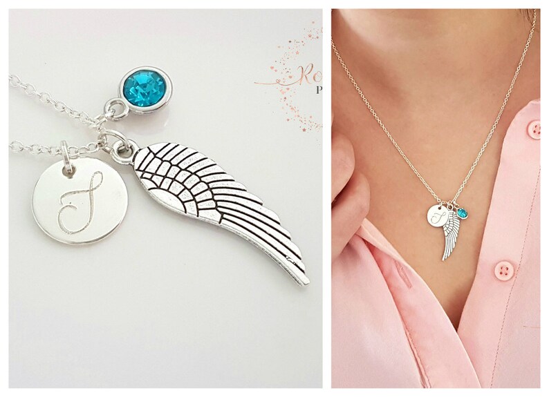 Initial Disc Necklace -Mother Gift Custom Jewelry Memory Necklace Angel Wing Memorial Personalized Necklace Birthstone Necklace