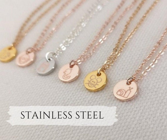 Animal Necklace Dainty Disc Engraved Jewelry Tiny Disc Silver Gold Rose Gold Chain Animal Necklace Children Necklace Kids Jewelry Birthday