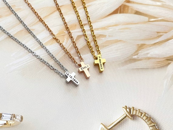 Tiny Personalized Cross Necklace Religious Jewelry Baptism gift Mother's Day Gift Dainty Minimalist Necklace