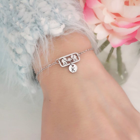 Personalized Elephant Bracelet for Mom in Stainless Steel Family Jewelry Lucky Charm Bracelet 