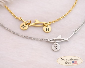 Personalized Wave & Shark Bracelet Initial Necklace Shark Jewelry Wave Shark Stainless Steel Delicate Chain Personalized Gift Christmas Gift