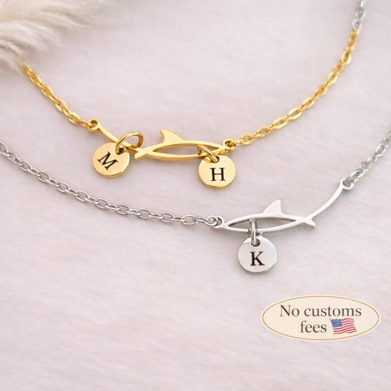 Personalized Wave & Shark Bracelet Initial Necklace Shark Jewelry Wave Shark Stainless Steel Delicate Chain Personalized Gift Christmas Gift