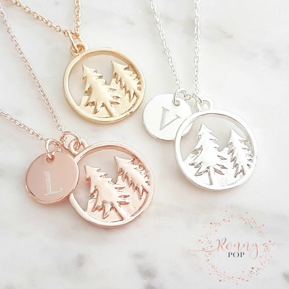 Mountain Initial Necklace Personalized Necklace Forest Lovers Gift Engraved Disc Necklace Custom Jewelry Personalized Gift Best Friend Gift