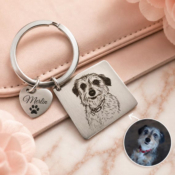 Personalized Keychain Engraved Photo Dog Cat Pet Portrait Calendar Date Message Heart Wedding Mothers Day Memorial Keepsake Gift Christmas
