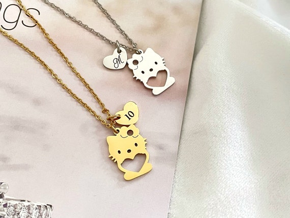 Personalized Cat & Heart Necklace Best Friend Gift Cat Lovers Gift Name Necklace Children Jewelry Personalized Gifts