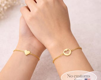 Mother Daughter Bracelet Set, Best Friend Bracelet, Matching Heart Bracelets, Gold Heart Bracelet, Gift for Mom Daughter, Friendship Jewelry