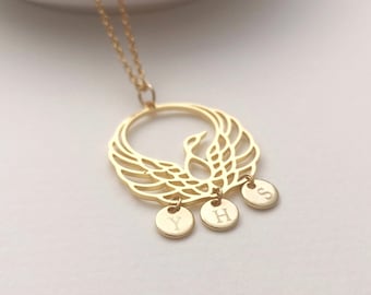 Personalized Phoenix Necklace Tiny Initial Necklace Bird Jewelry Custom Necklace Hope Faith Love Best Friend Gift Mother Necklace BFF Gift