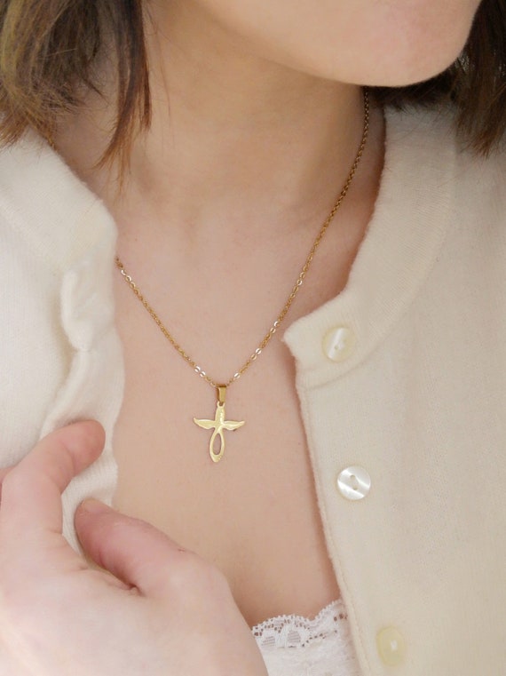 Cross & Angel Wings Necklace Personalized Name Necklace Mourning Gift Stainless Steel Chain 