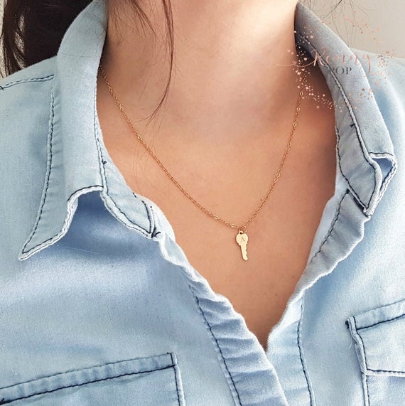 Dainty Key Necklace Personalized Initial Necklace Flower Girl Gift Bridesmaid Necklace Engraved Jewelry Mother Gift Mother's Day Gift BFF