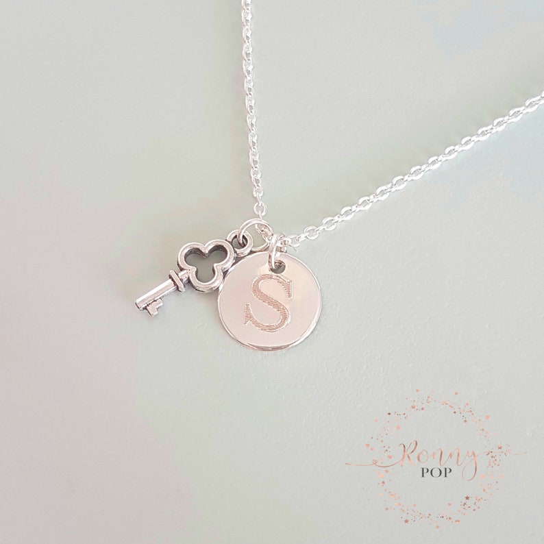 D12 Custom Necklace Initial Disc Engraved Key Charm Personalized Gift Disc Necklace Sister Gift Key Necklace Initial Jewelry