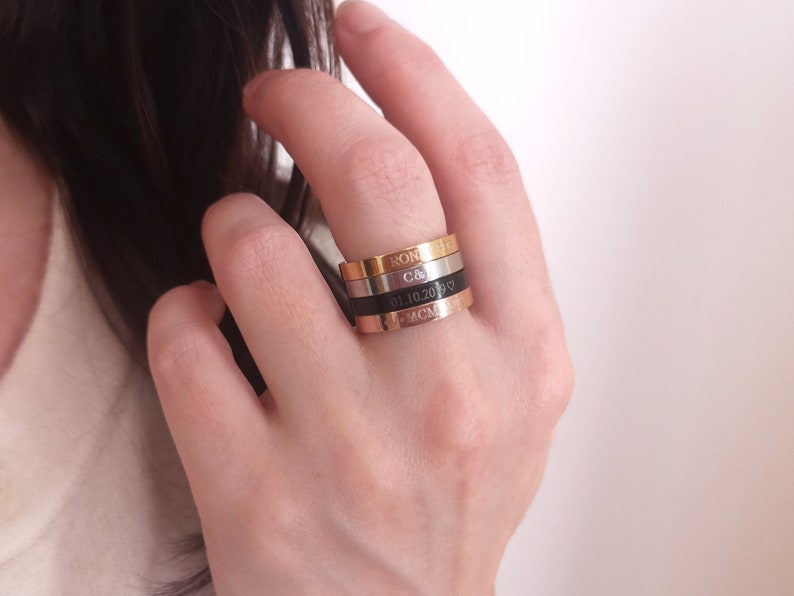 Bague Acier Doré Personnalisable – Prénom + Dessin Gravé, Tailles 6 à 9 – Neuve