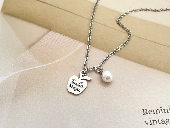 Teacher Gift Apple & Pearl Necklace Name Necklace Graduation Gift Christmas Gift Stainless Steel Necklace