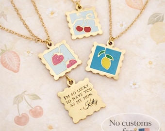 Personalized Postage Stamp Gold Necklace Secret Message Fruit Necklace Personalized Gifts Mother's Day Gift Cherry Gold Necklace