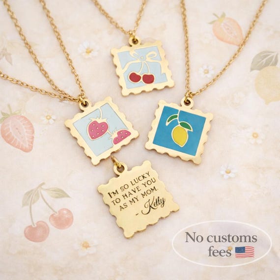 Personalized Postage Stamp Gold Necklace Secret Message Fruit Necklace Personalized Gifts Mother's Day Gift Cherry Gold Necklace