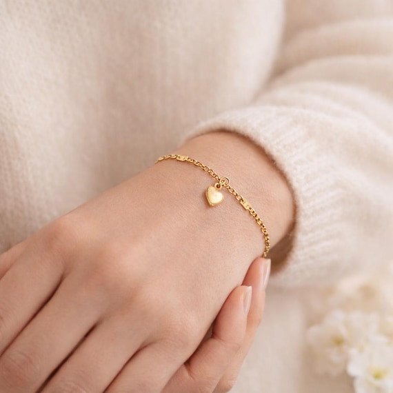Personalized Tiny Gold Heart Bracelet Small Engraved Initial Heart Gift for Mom Mothers Day Minimalist Jewelry Custom Bracelet ChristmasGift