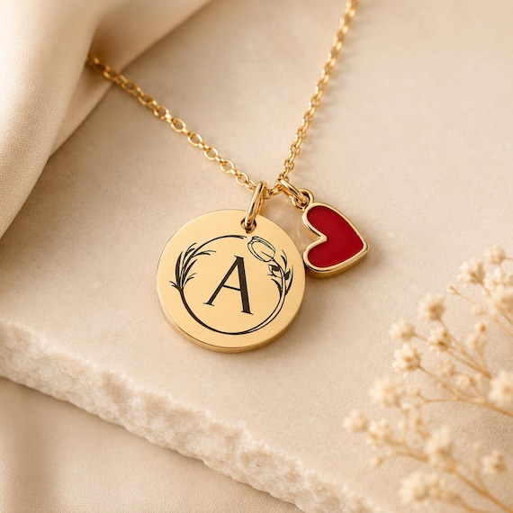 Custom Initial Necklace Gold Letter Necklace Personalized Pendant Red Heart Charm Birthday Gift for Her 1Christmas Gift Monogram Necklace