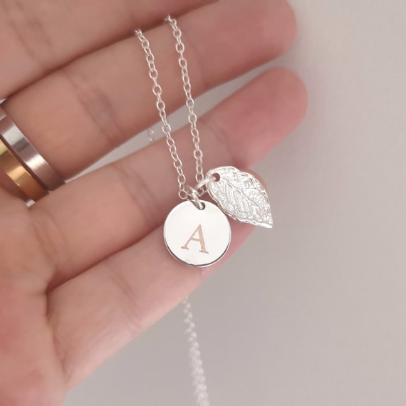 Personalized Initial & Leaf Necklace Engraved Disc Initial Jewelry Leaf Necklace Personalized Gift Bridesmaid Gift Wedding Necklace Mother