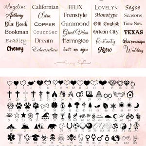 May include: Image showcasing a selection of fonts and symbols for personalization. The top section displays font styles like "Angeline" and "FELIX." The bottom section features various symbols, including hearts, crosses, and zodiac signs. The text "Ronny Pop" is at the bottom.