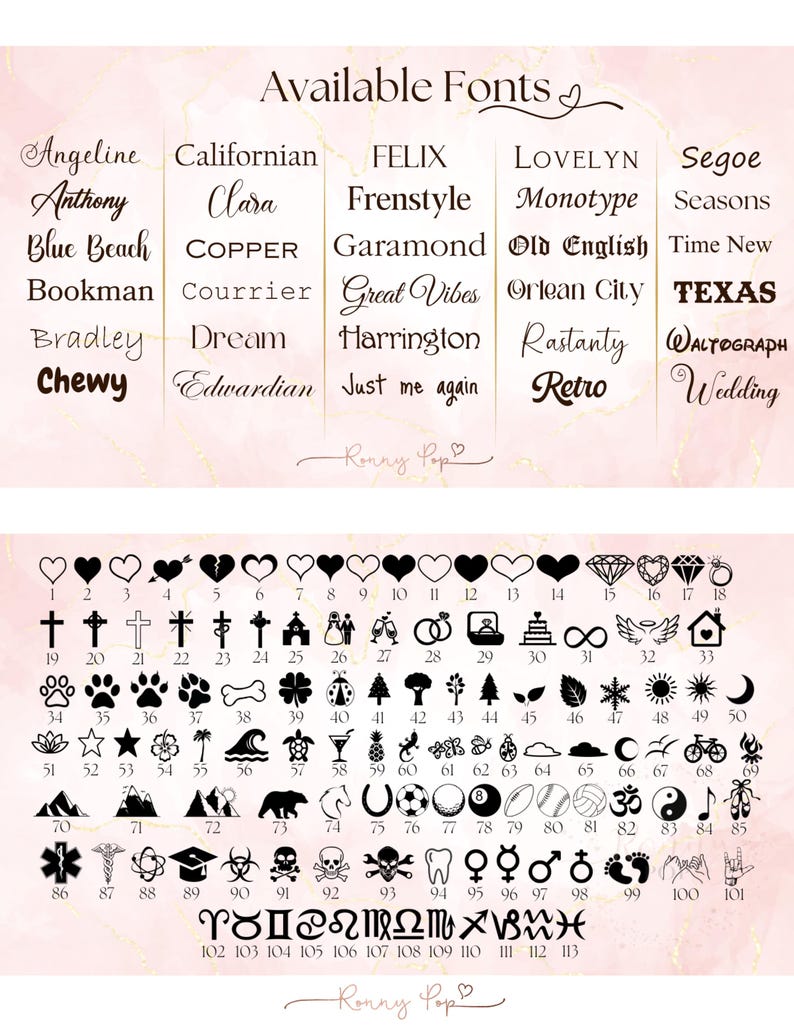 May include: Image showcasing a selection of fonts and symbols for personalization. The top section displays font styles like "Angeline" and "FELIX." The bottom section features various symbols, including hearts, crosses, and zodiac signs. The text "Ronny Pop" is at the bottom.