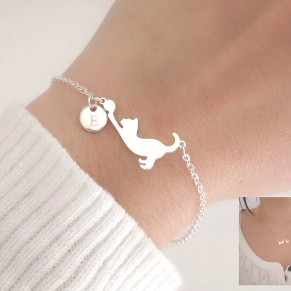 Bracelet Personnalisé Initiale Collier Chat Disque Gravé Monogramme Cadeau Meilleure Amie Bijoux sur Mesure Amoureuse des Chats Cadeau Soeur