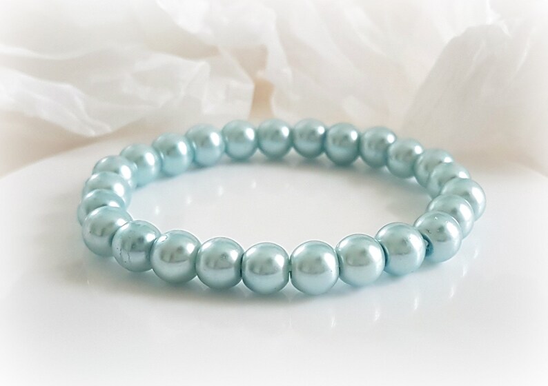 Personalized Initial Pearl Bracelet Flower Girl Gift Glacier Blue Glass Pearl Custom Jewelry Bridesmaid Gift Mother Daughter Jewelry-B09