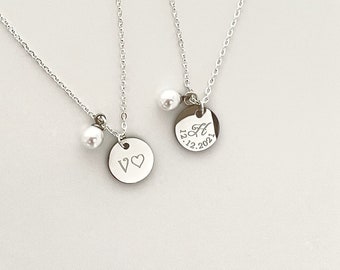 Bridesmaid Gift Initial & Date Necklace Engraved Disc Wedding Necklace Flower Girl Gift Personalized Necklace Sister Necklace Mother Gift