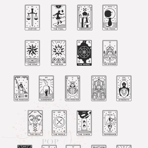 May include: Black and white illustrations of the Major Arcana tarot cards. Each card features a unique design and the name of the card. The cards are arranged in a grid pattern.