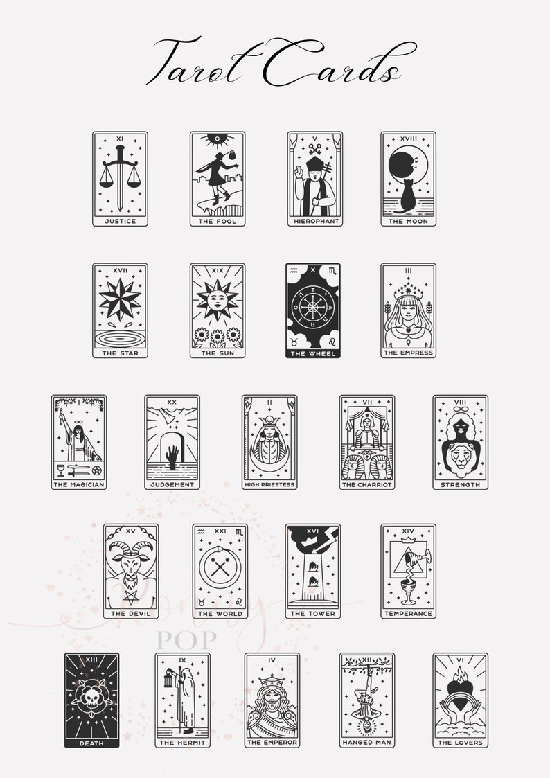 May include: Black and white illustrations of the Major Arcana tarot cards. Each card features a unique design and the name of the card. The cards are arranged in a grid pattern.