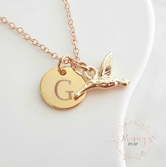Hummingbird Initial Necklace Personalized Necklace Bird Lovers Gift Engraved Disc Necklace Custom Jewelry Personalized Gift Best Friend Gift