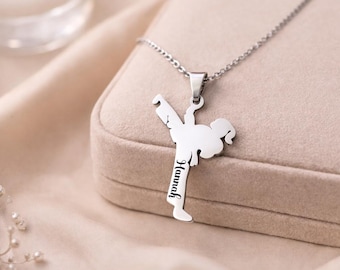 Personalized Karate Girl Necklace • Custom Name Engraved Pendant • Martial Arts Gift for Girl • Stainless Steel Jewelry Christmas Gift