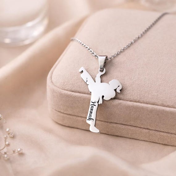 Personalized Karate Girl Necklace • Custom Name Engraved Pendant • Martial Arts Gift for Girl • Stainless Steel Jewelry Christmas Gift