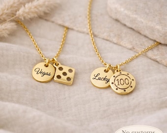 Casino Necklace Personalized Stainless Steel Gold Silver – Dice Charm or Poker Chip Pendant with Custom Engraved Disc Gift for Player