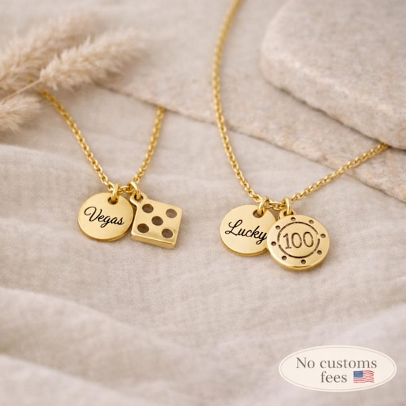 Casino Necklace Personalized Stainless Steel Gold Silver – Dice Charm or Poker Chip Pendant with Custom Engraved Disc Gift for Player