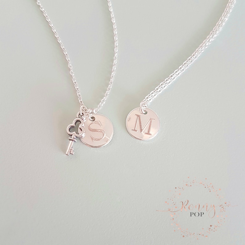 D12 Custom Necklace Initial Disc Engraved Key Charm Personalized Gift Disc Necklace Sister Gift Key Necklace Initial Jewelry
